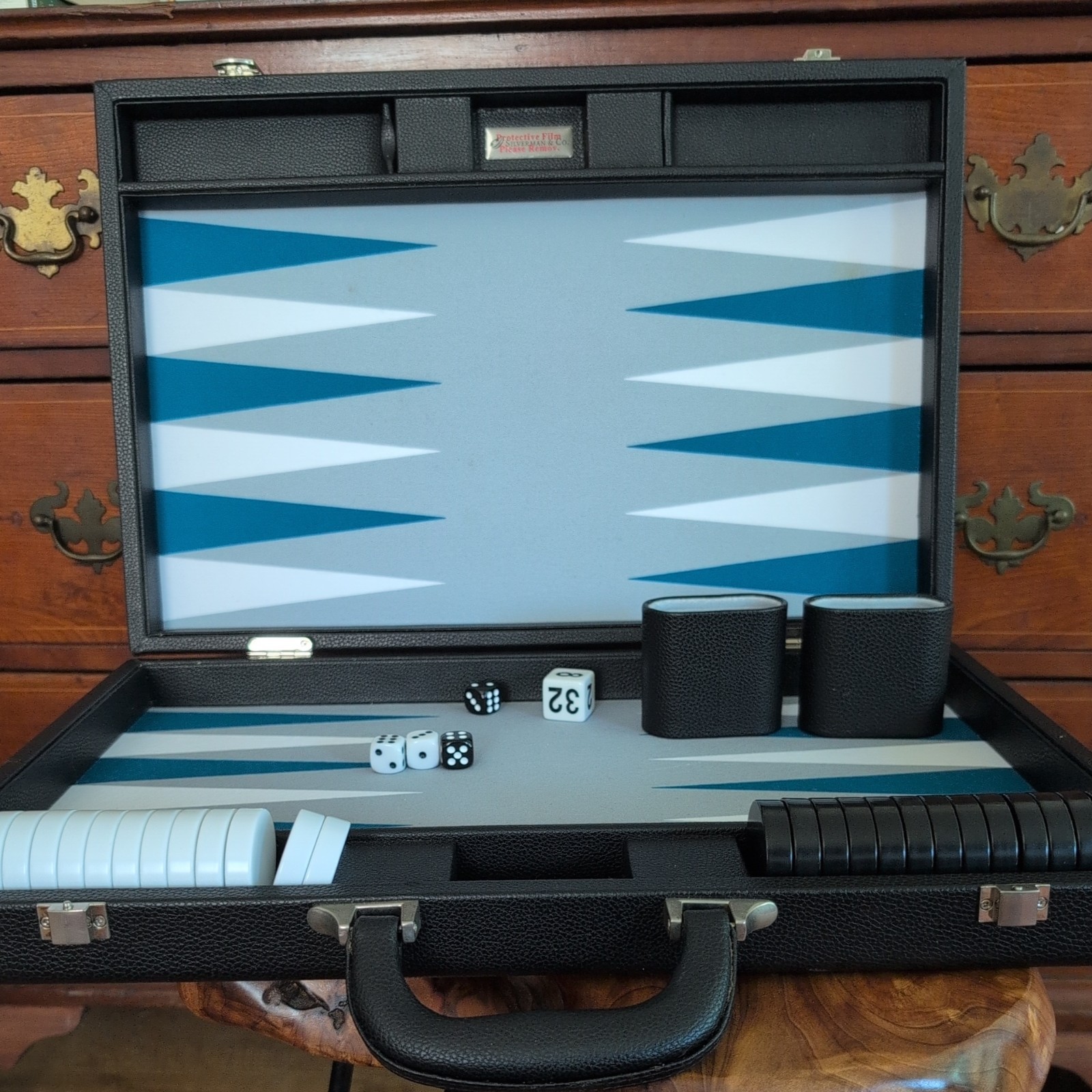 19″ Silverman & Co Large Faux Leather Backgammon Set Black w/teal white & gray