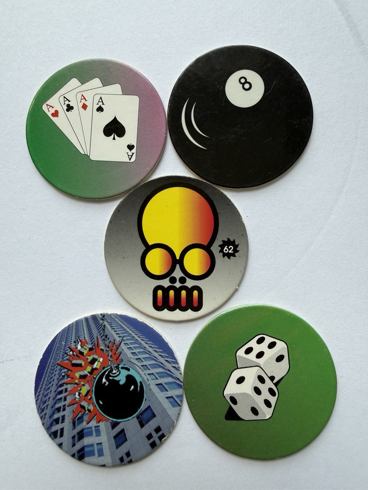 Vintage POG Milk Cap Lot of 5 Casino 8 Ball Dice Four Aces Bomb Skull 1990s