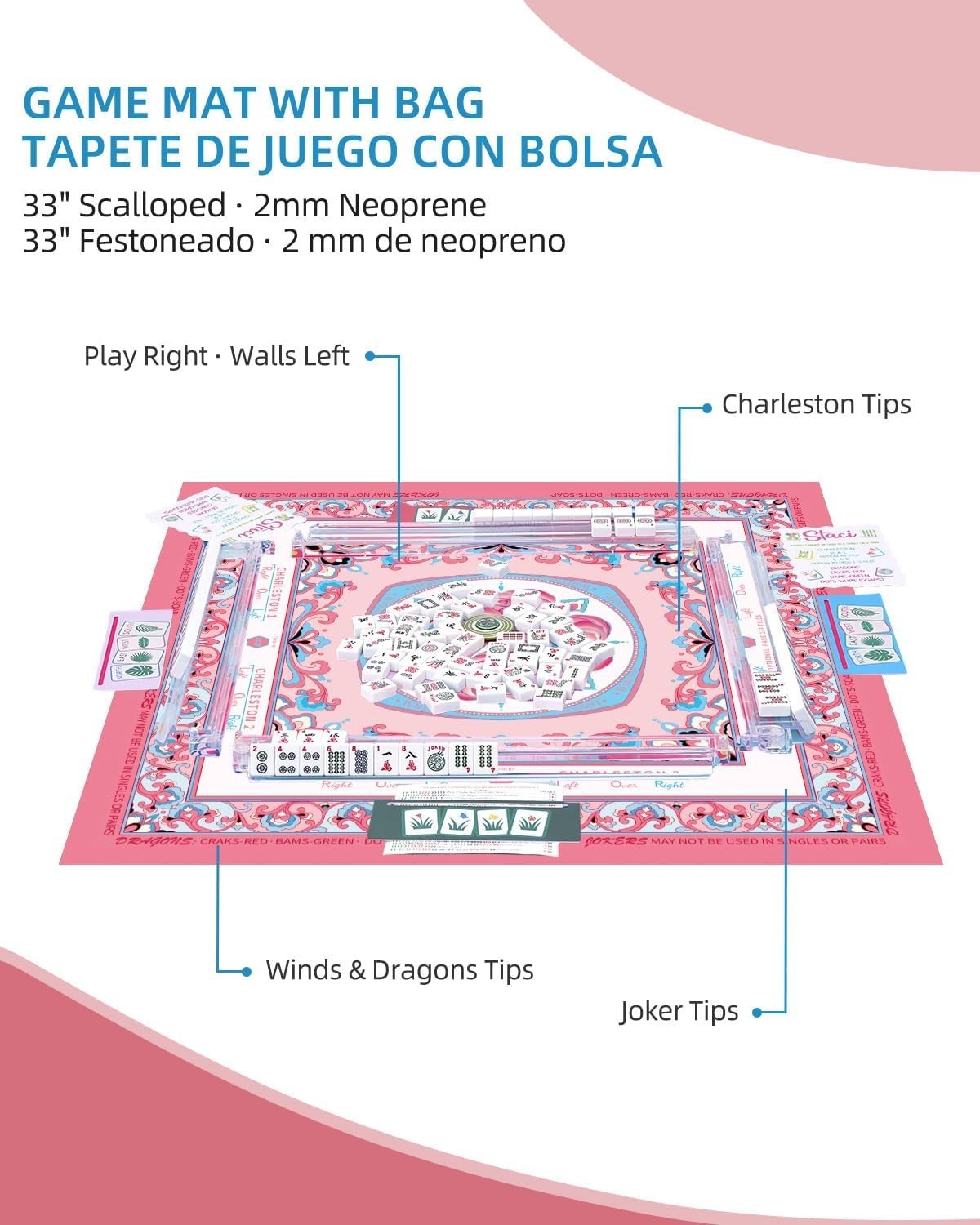 ® American Mahjong Mat with Rules – Pink Floral Mah Jong Table Cloth – 33″ Ne…
