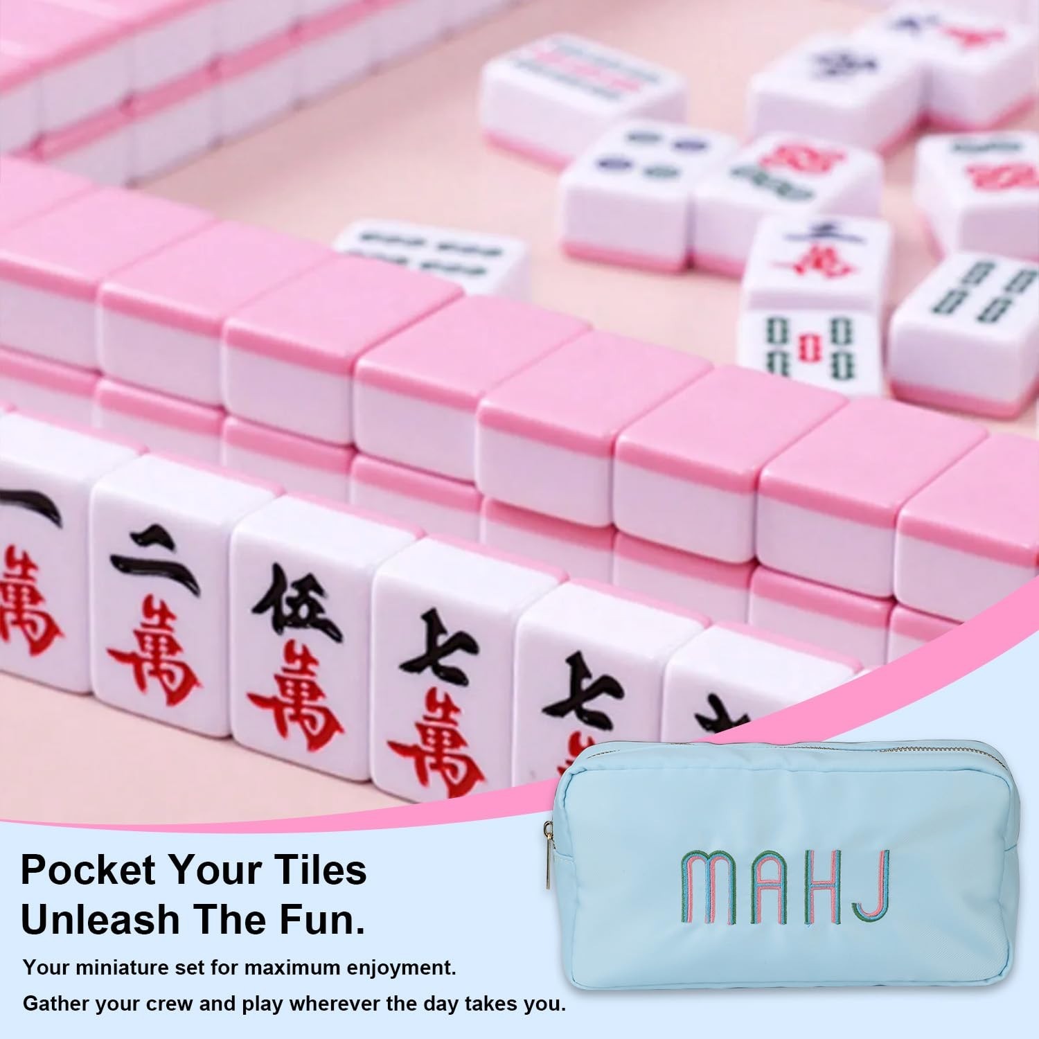 Portable Mahjong Tiles Bag for 1.2″ Tiles, Zippered Storage Case, Soft Blue Trav