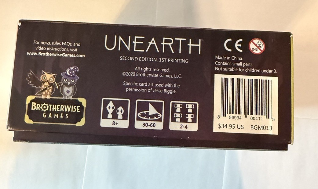 Unearth Board Game Brotherwise 2017 First Edition 2nd Printing BGM013 Complete