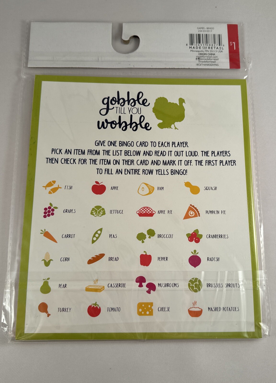 GOBBLE TILL YOU WOBBLE Thanksgiving Bingo Cards Set of 12 NEW Family Game Kids