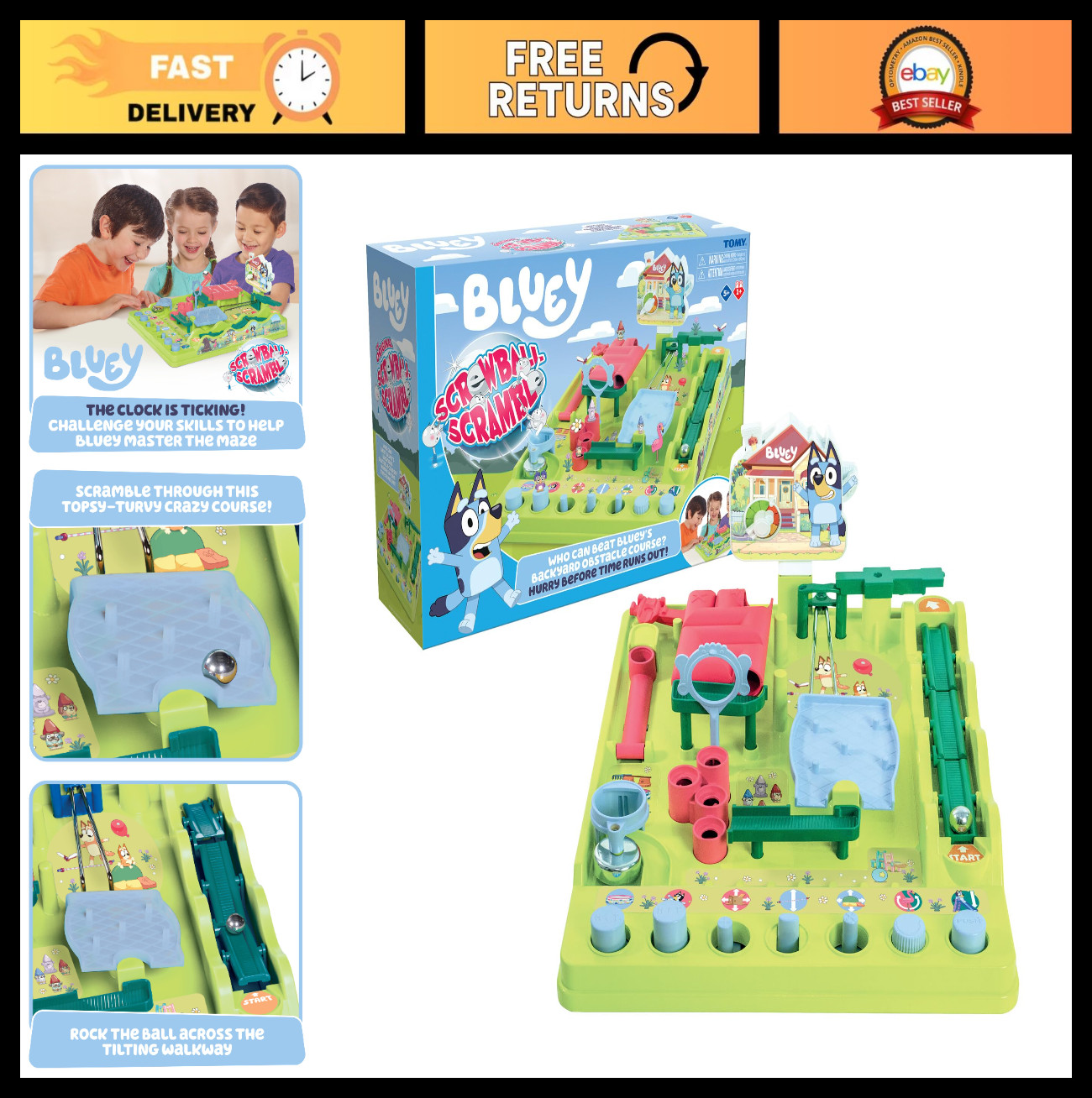 Bluey Screwball Scramble Marble Maze – Obstacle Course & Marble Run Game – 1-4 P