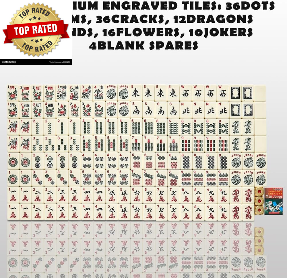 American Mahjong Tiles 166 Quality Ivory Tiles with 3 Golden Dices & Rules Instr