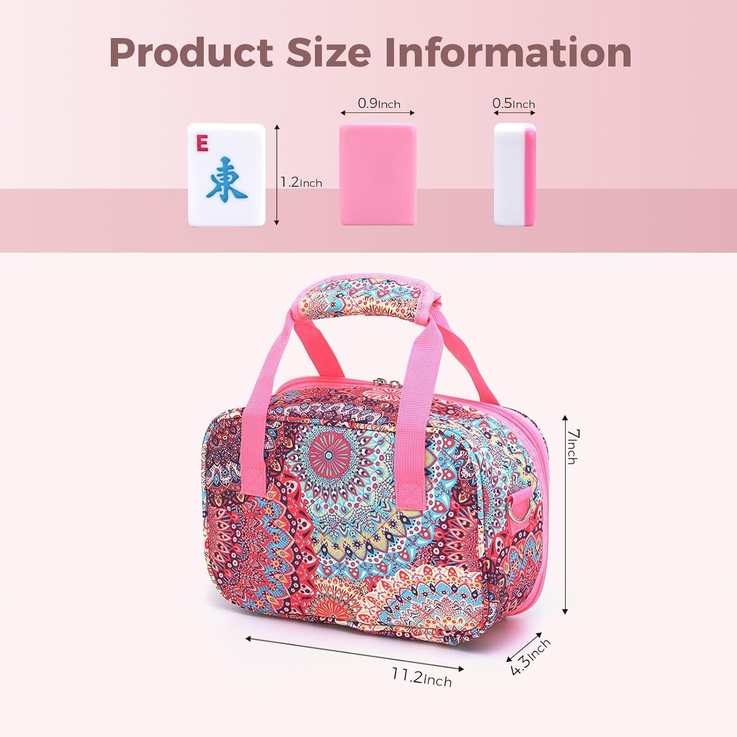 166 Pink American Printed Mahjong Game Set with Carrying Bag and Accessories, 1.