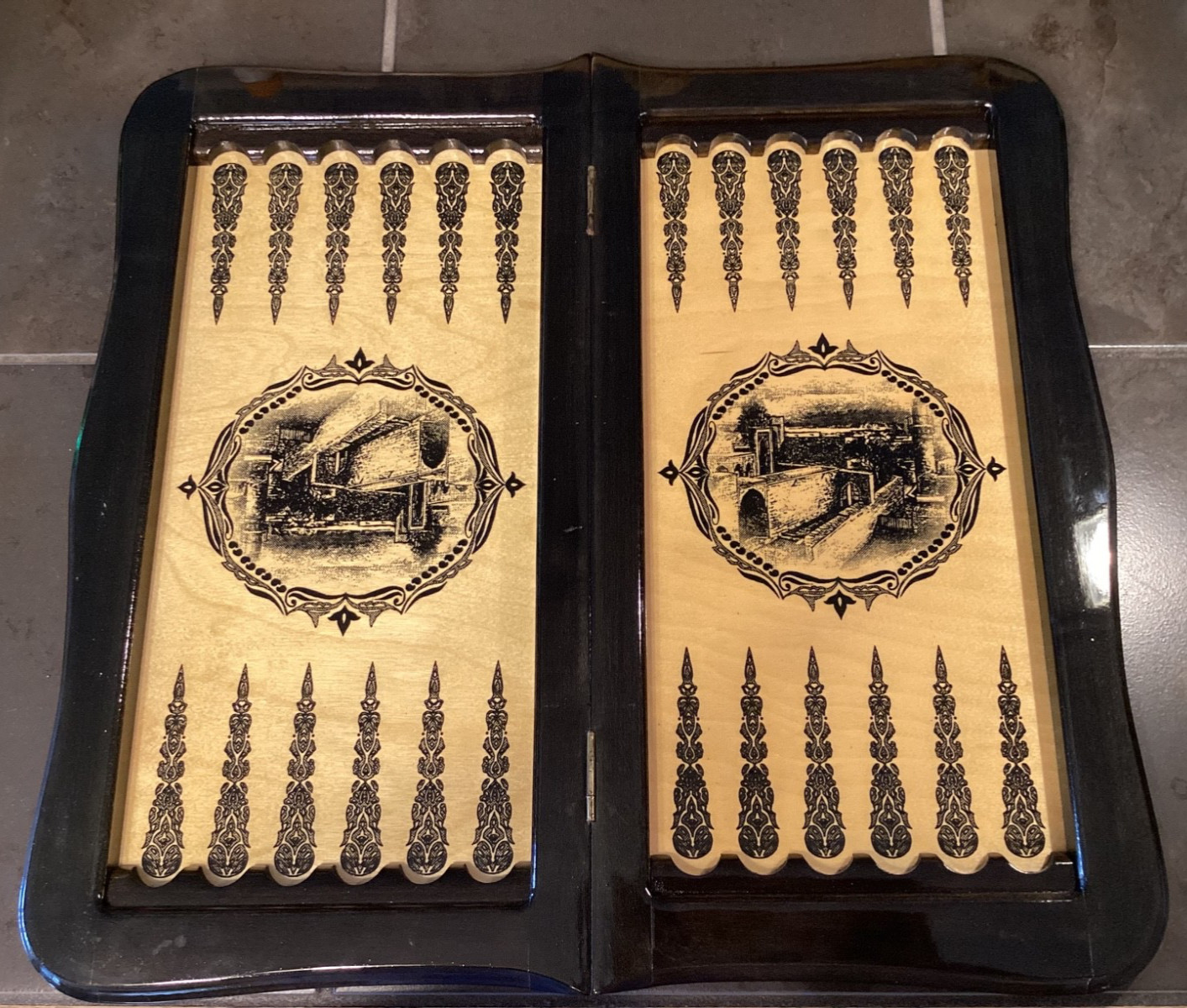 Vintage, handmade wooden Backgammon Set features maiden Tower in Baku Azerbaijan