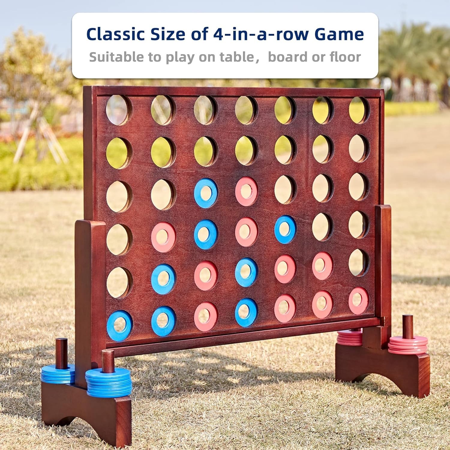 Giant Wooden 4 in A Row Game for Fun Indoor & Outdoor Play – 42 Discs Included