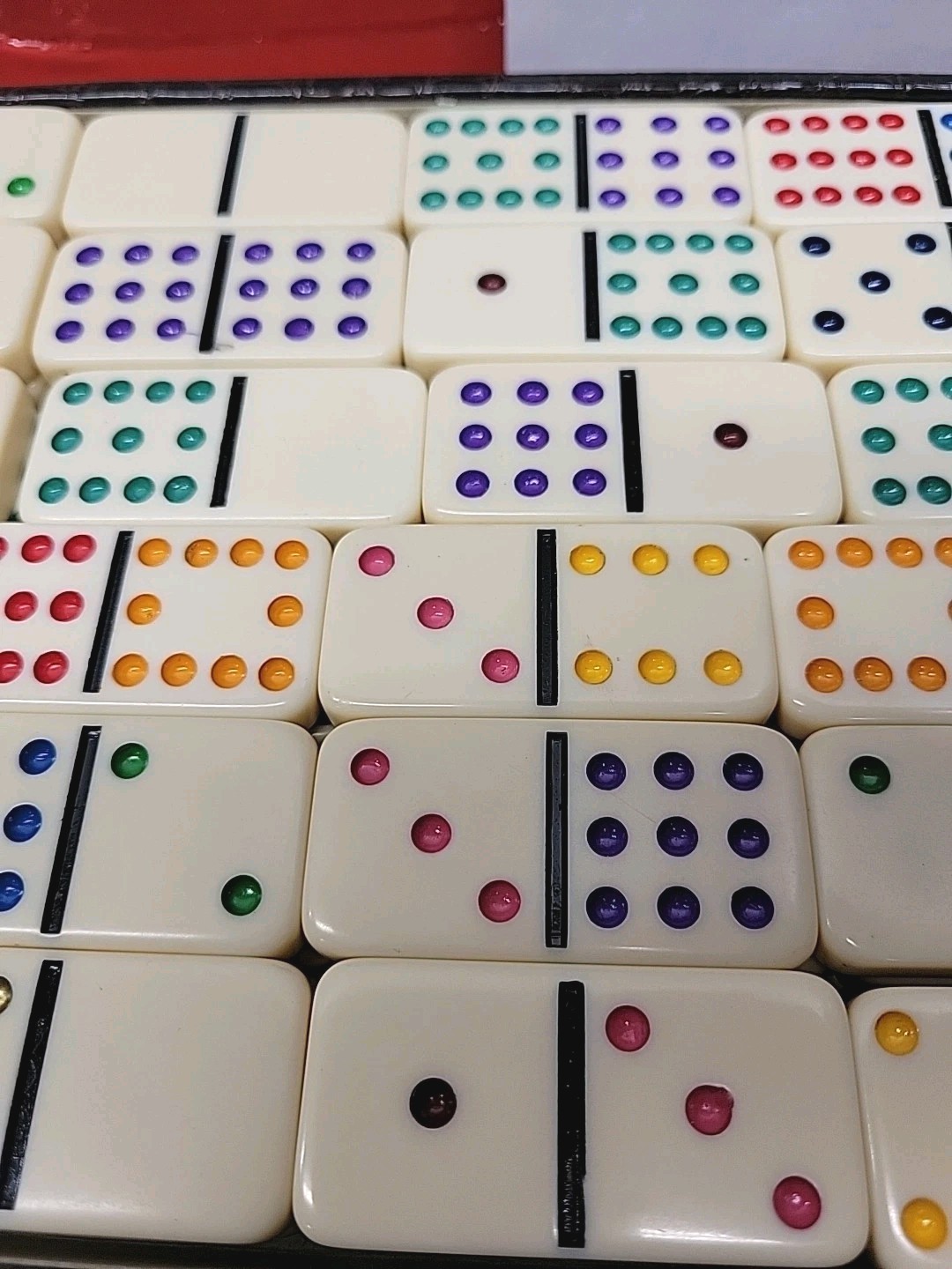 Double 12 Dominoes Set Faux Crocodile Case Multicolor Pips + Bonus Tiles 1980s