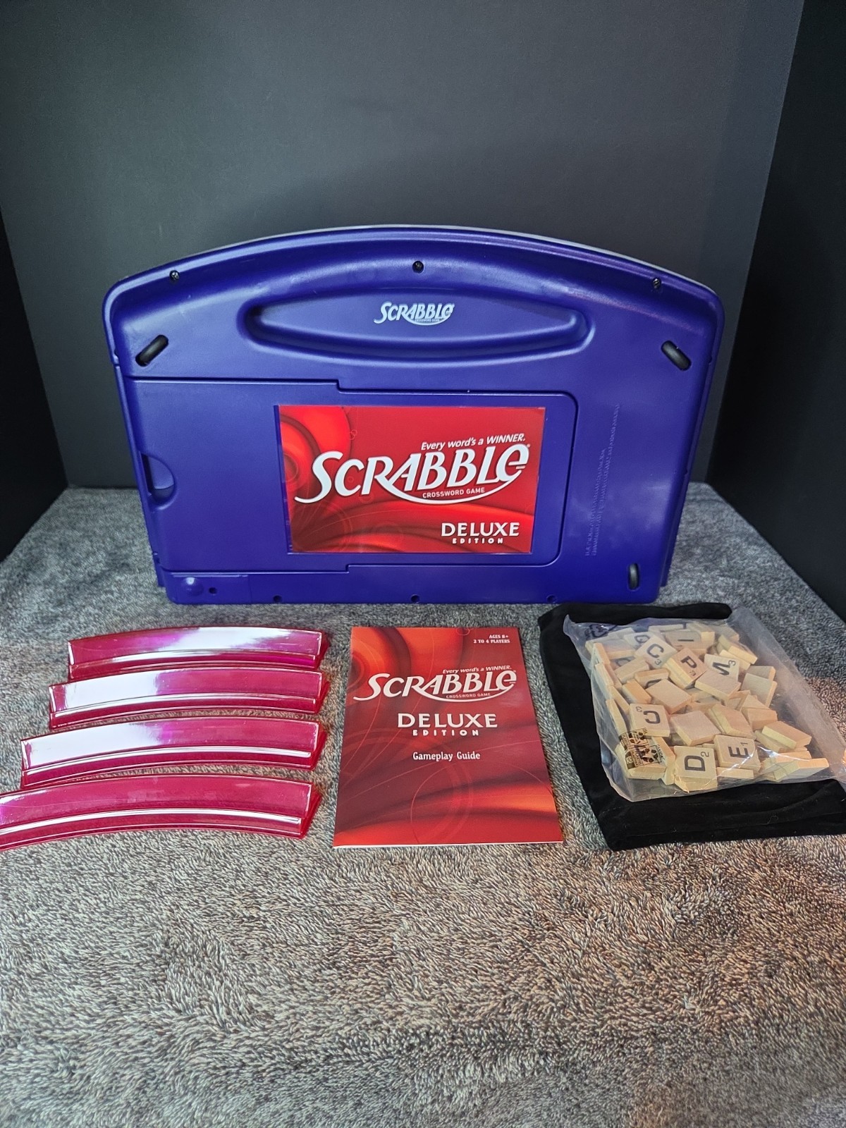Scrabble Deluxe Travel Blue Carrying Case Rotating Board COMPLETE