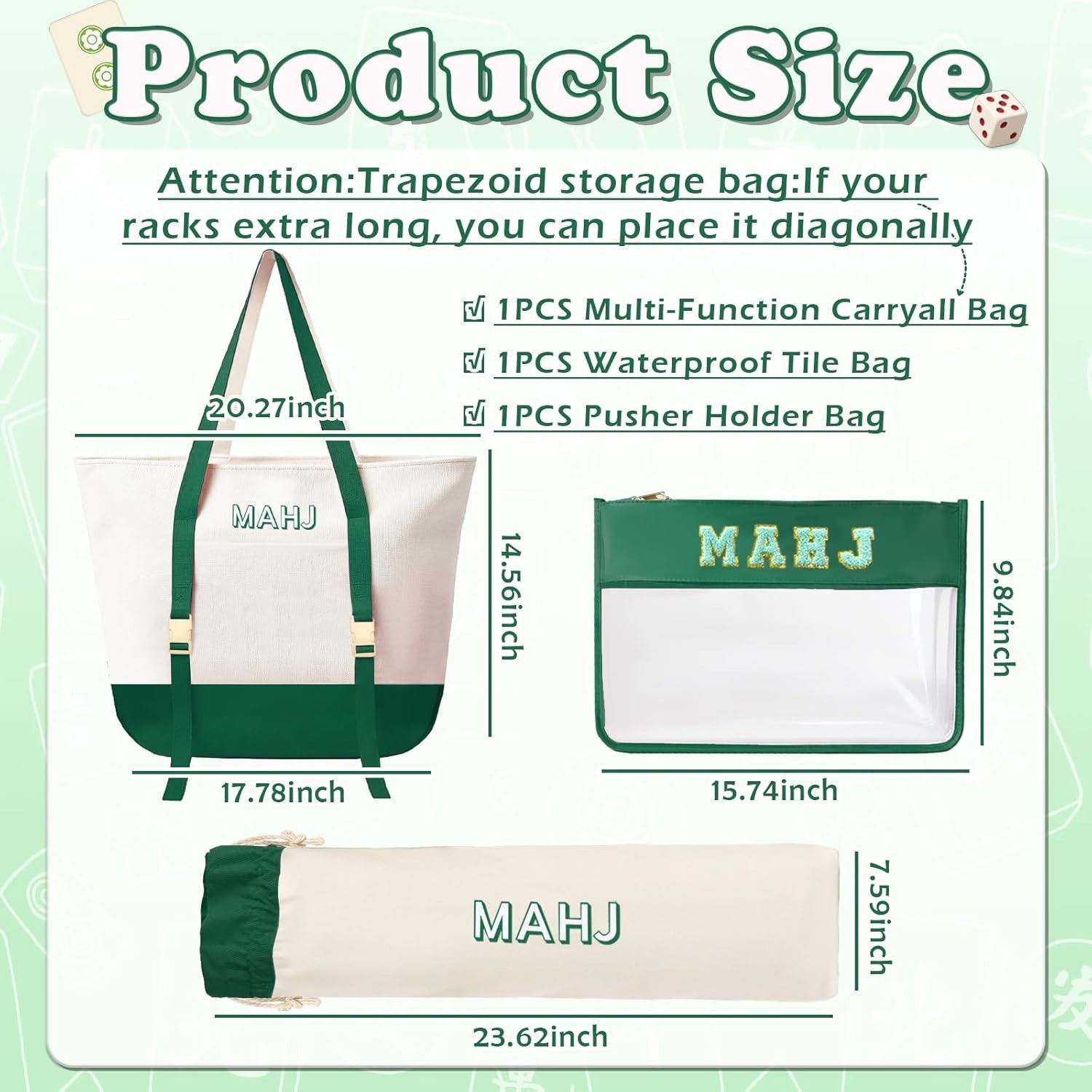 Empty Mahjong Tile Bags Set for American Tiles and Racks,Canvas Tote Bag with Ma