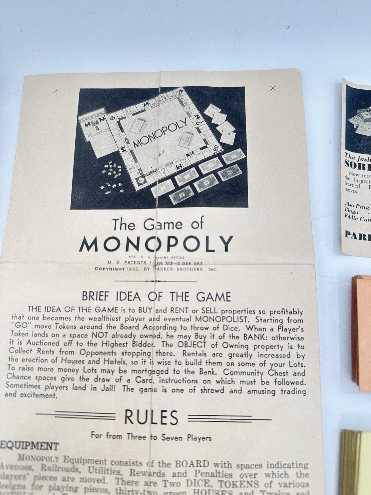 Vintage 1935 Monopoly Parts Set Metal Tokens Wood Houses NO BOARD Parker Bros