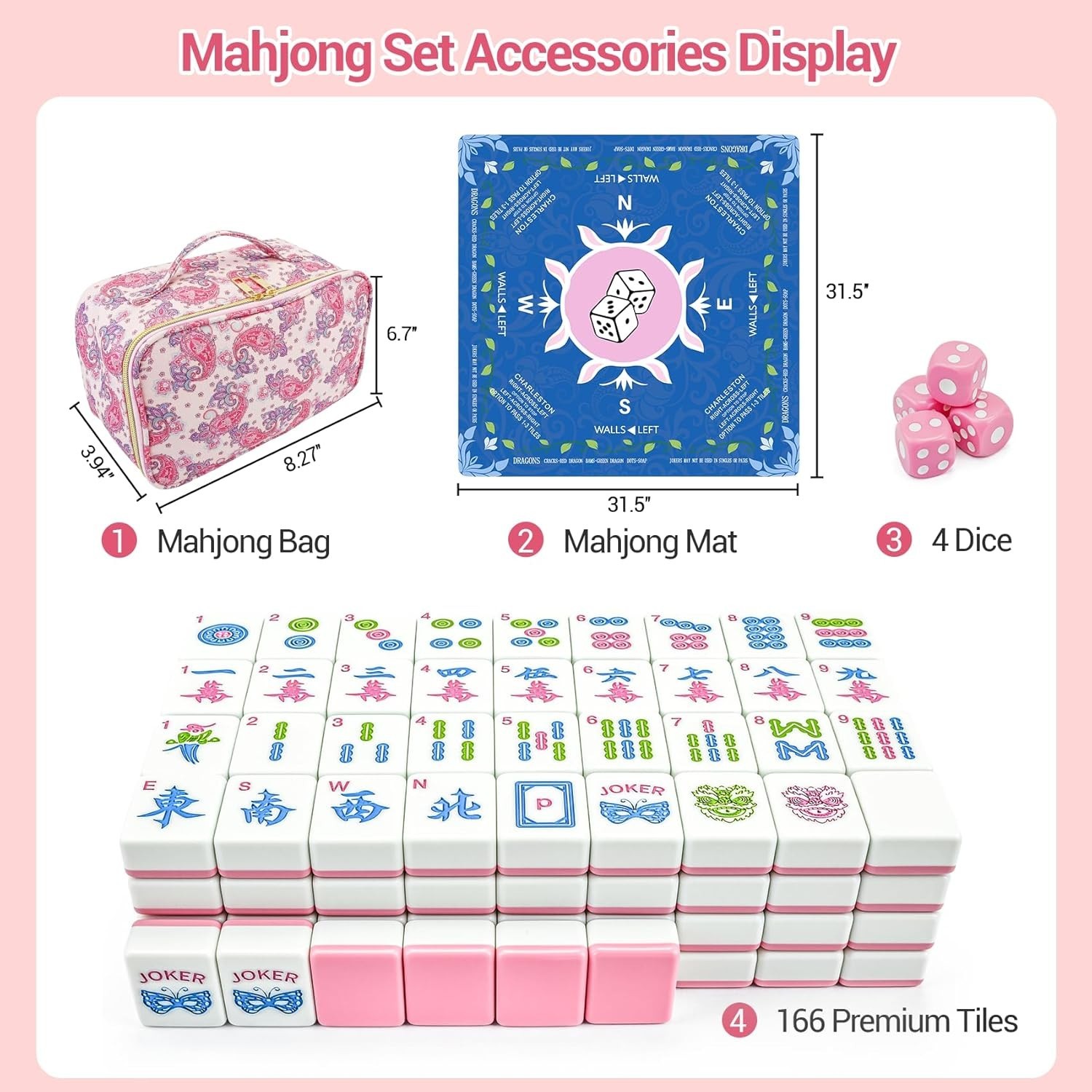 160 Pink American Printed Mahjong Game Set with Carrying Bag A