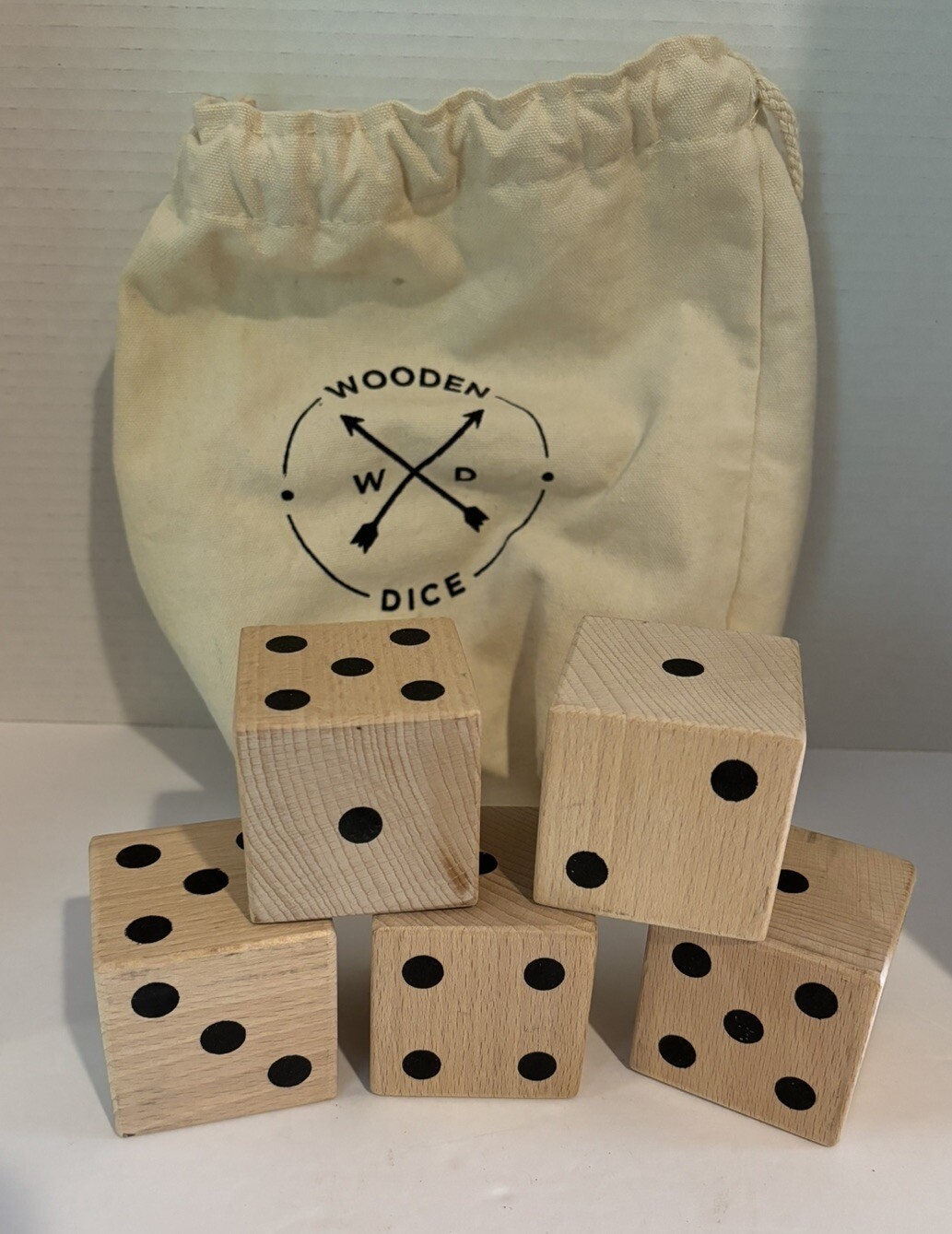 2.5 inch wooden dice, set of 5 in canvas bag