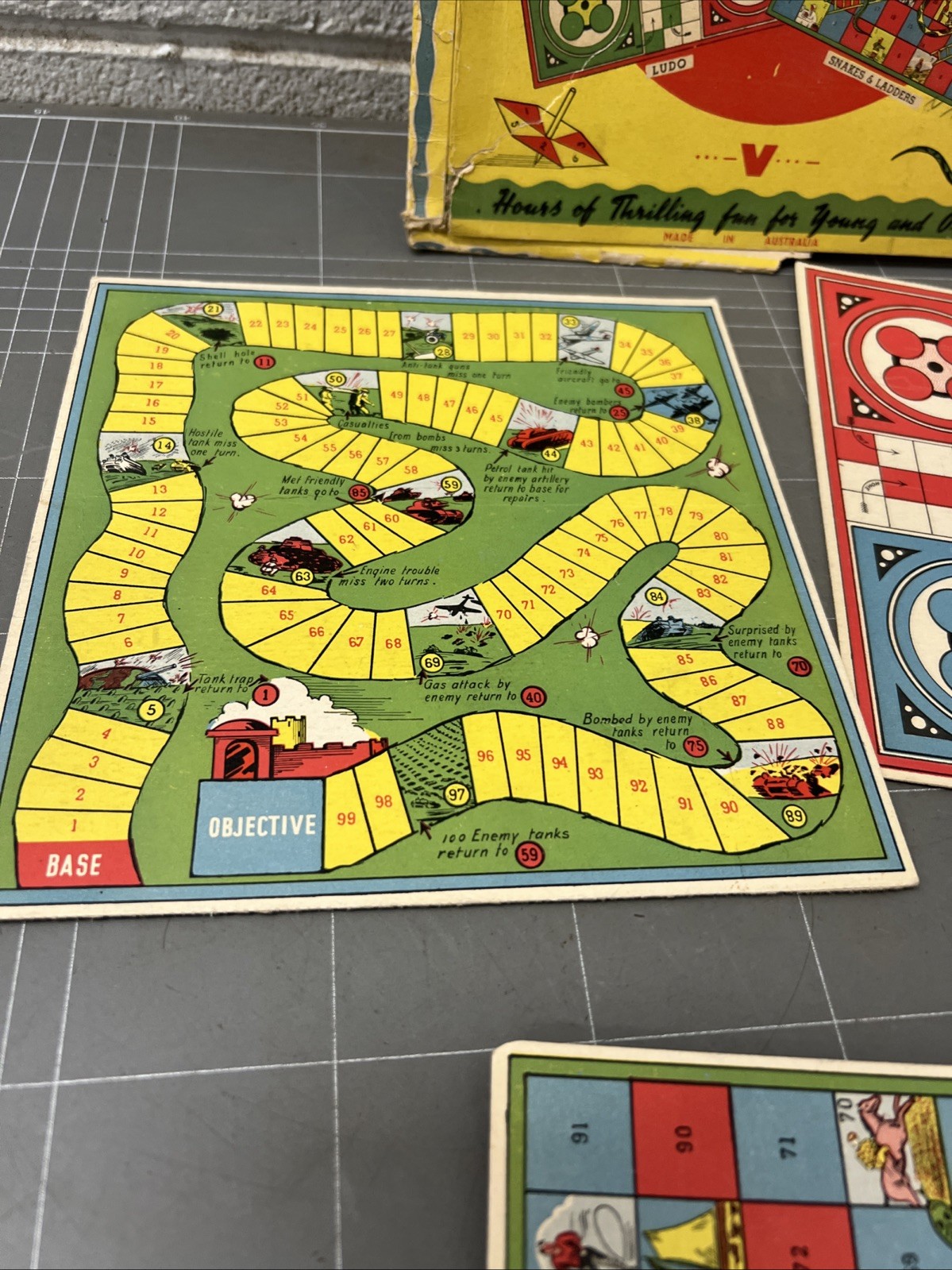 VINTAGE BOARD GAME THREE INDOOR GAMES ACE AUSTRALIA 1940s TANK ATTACK SNAKES ART