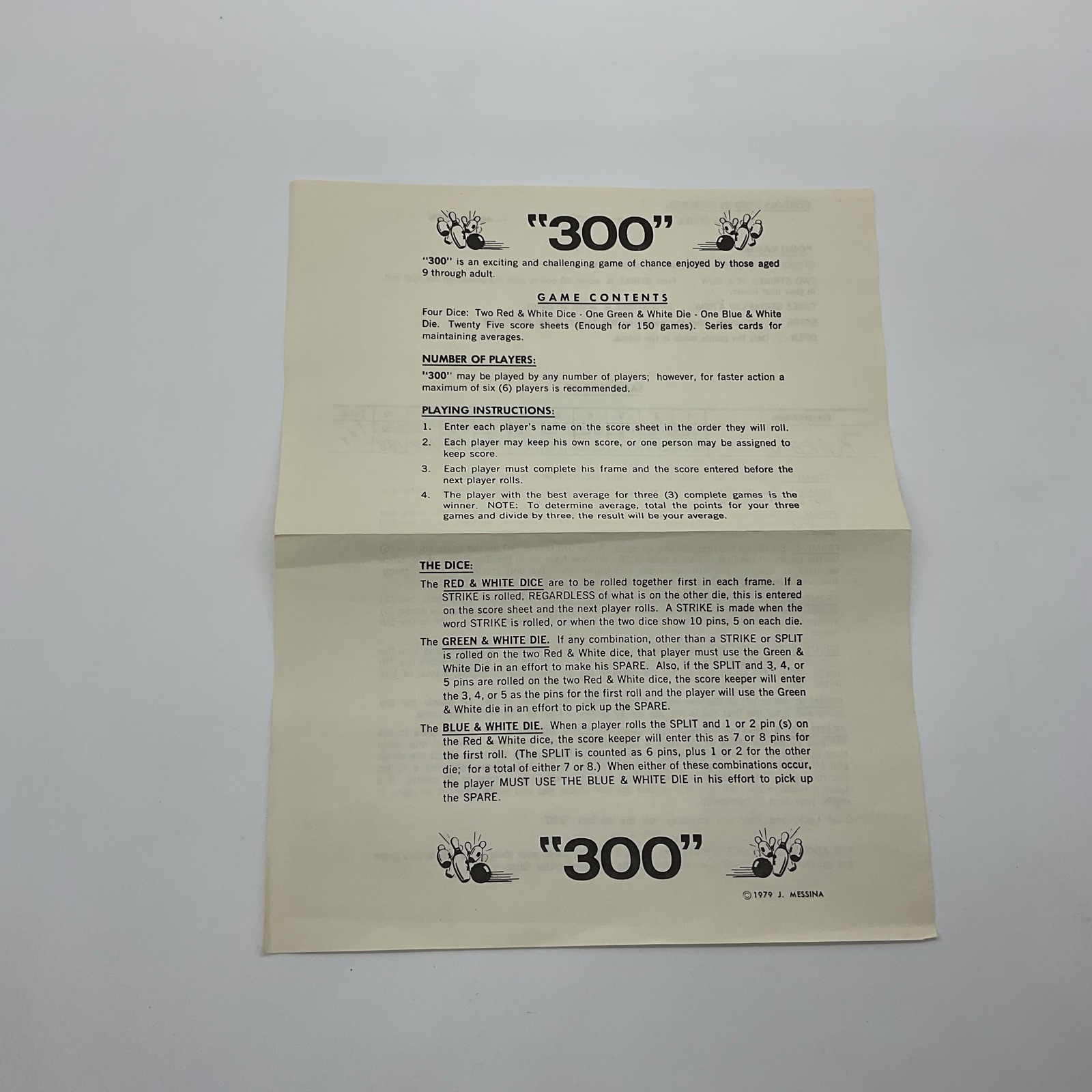 “300” Bowling Dice Game 1979 J. Messina Duluth MN Vintage RARE Complete