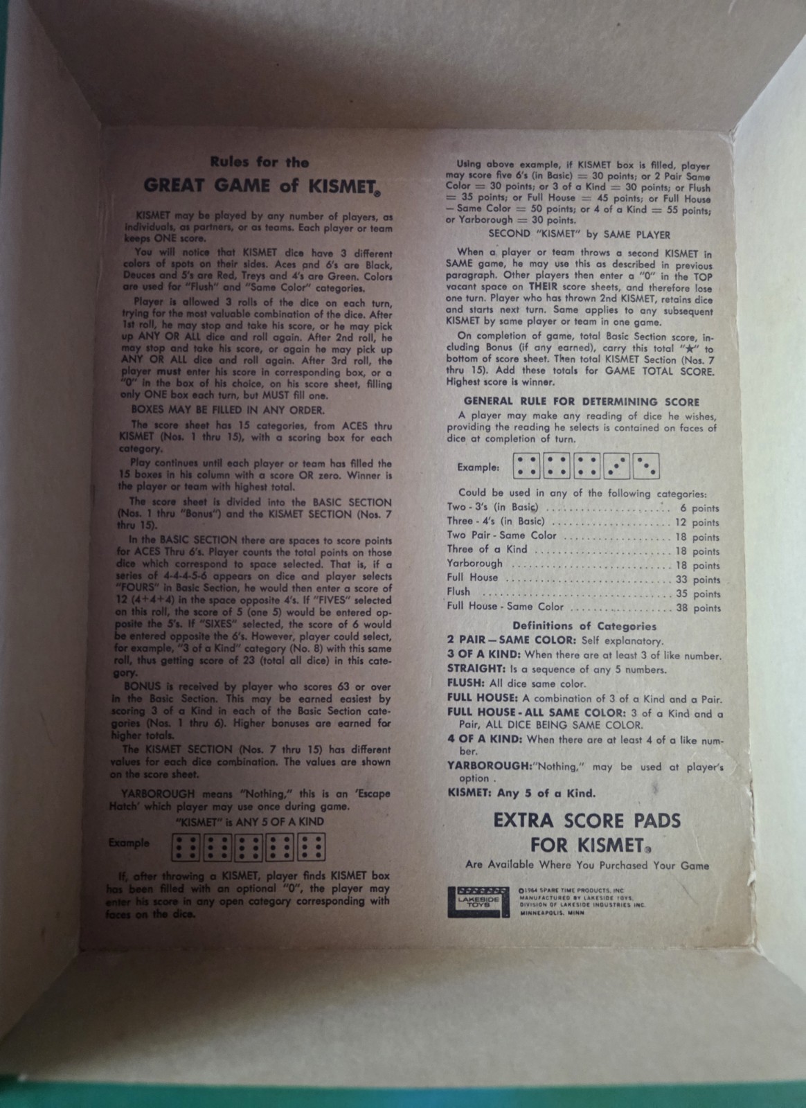 Vintage KISMET DICE GAME Lakeside Games 1969 100% Complete Score Sheets/Pencil
