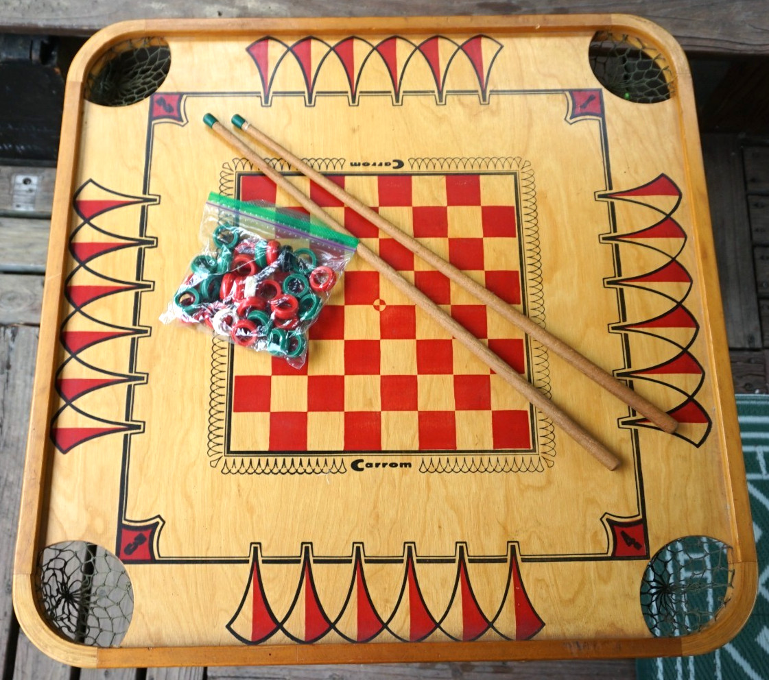 Vintage Wood Carrom 2 Sided Game Board 28″ x 28″ W 29 Pieces & 2 Cues