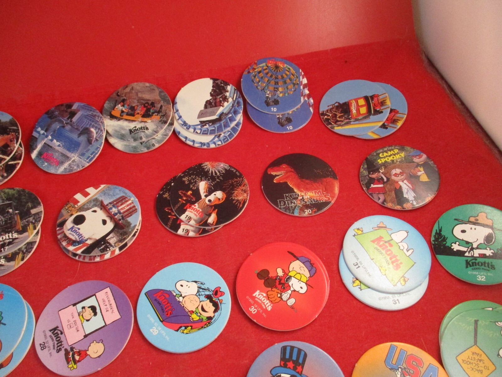 Set of 75 Knott’s Berry Farm Pog Rides & Peanuts Charlie Brown Snoopy w/Slammers