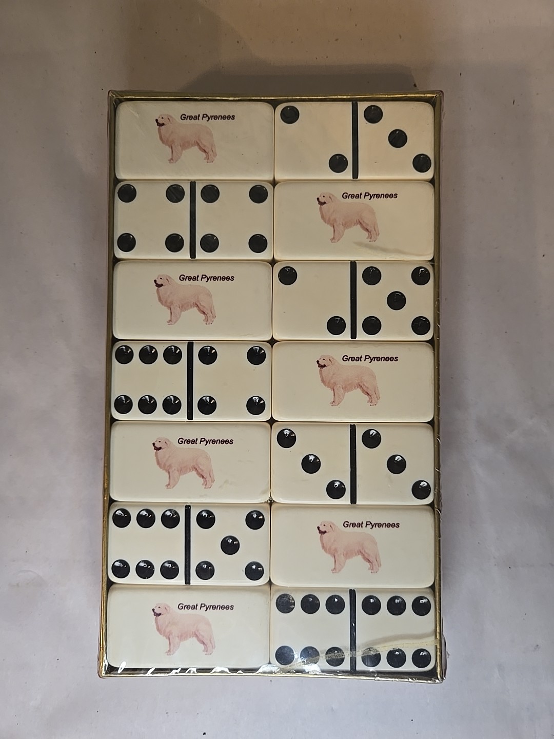 VTG RARE EXTRA THICK PROFESSIONAL MARBLELIKE DOMINOES PUREMCO GREAT PYRENEES DOG