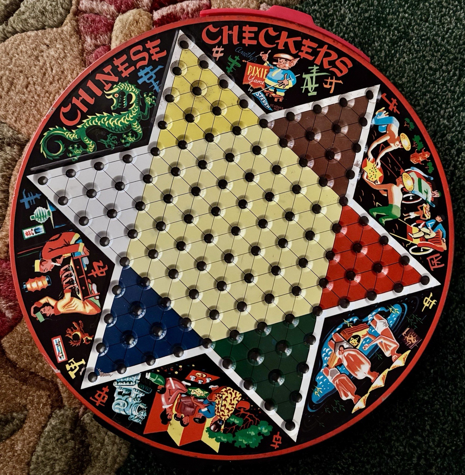 VTG Metal Tin Pixie Game Chinese Checkers Game Green Dragon w/Marbles Checkers