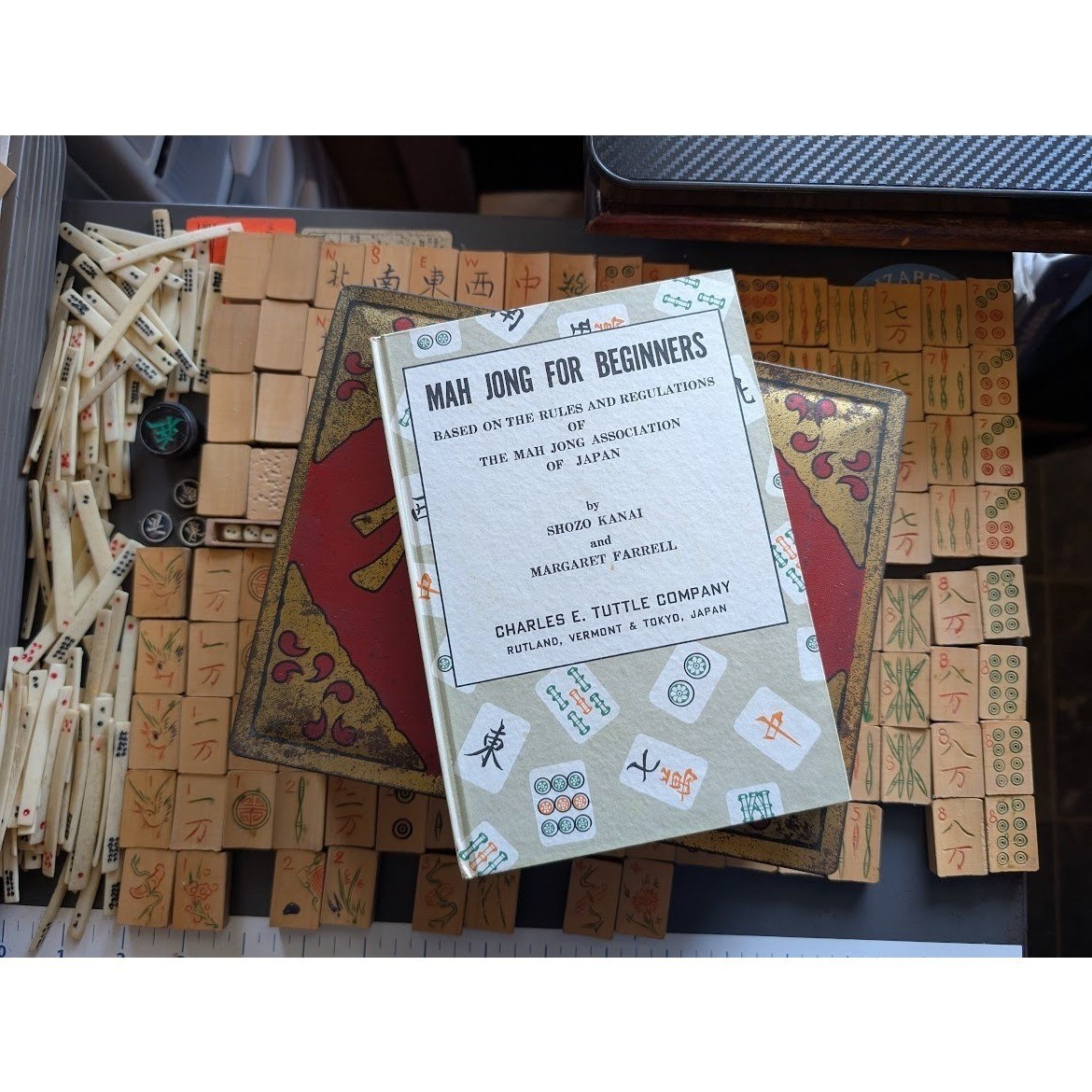 Antique 20s Admiral Mahjong Set Bone Bamboo Tiles Sticks Tin Box Hand Carved