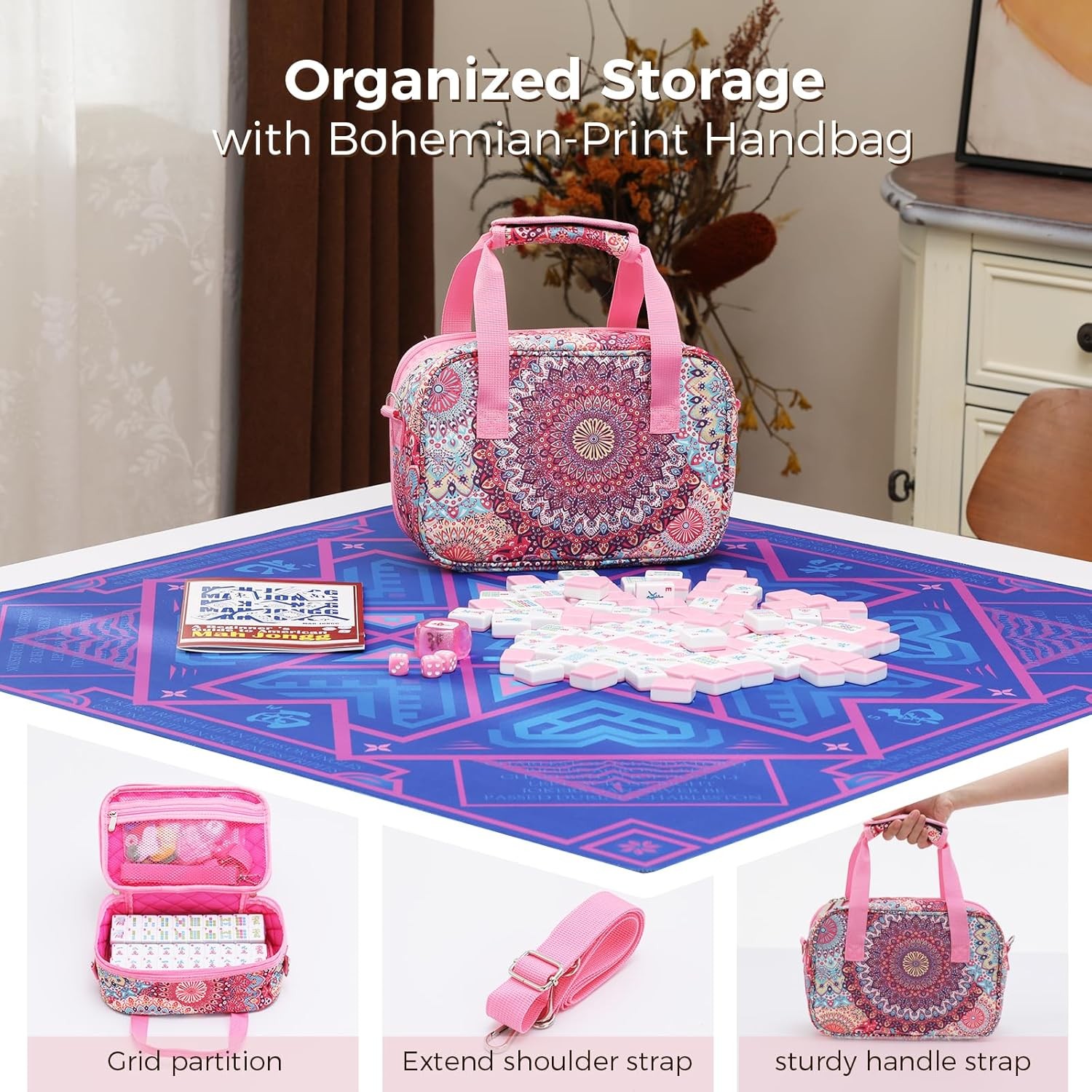 166 Pink American Printed Mahjong Game Set with Carrying Bag and Accessories, 1.