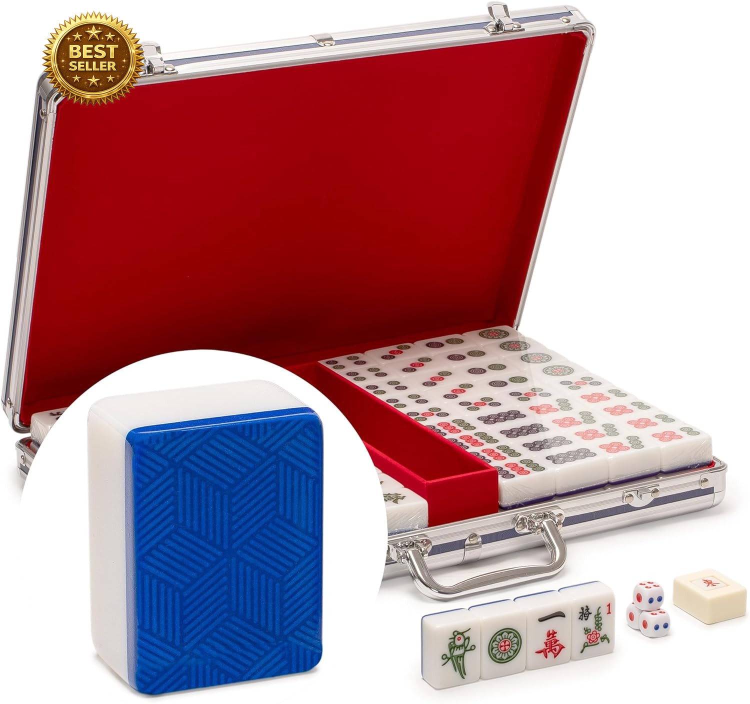 Chinese Mahjong Set 146 Large Tiles Aluminum Case Wind Indicator Dice