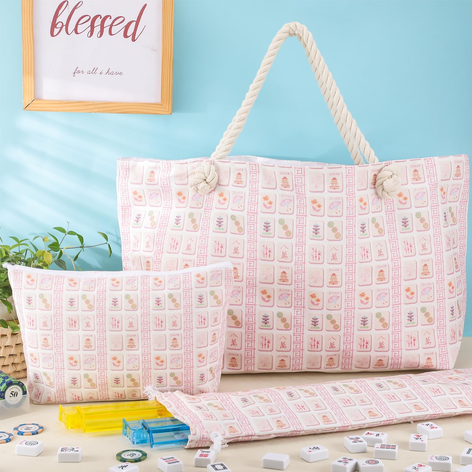Sunnymove Empty Mahjong Bags Set for Large, Blue and White with Pink accents