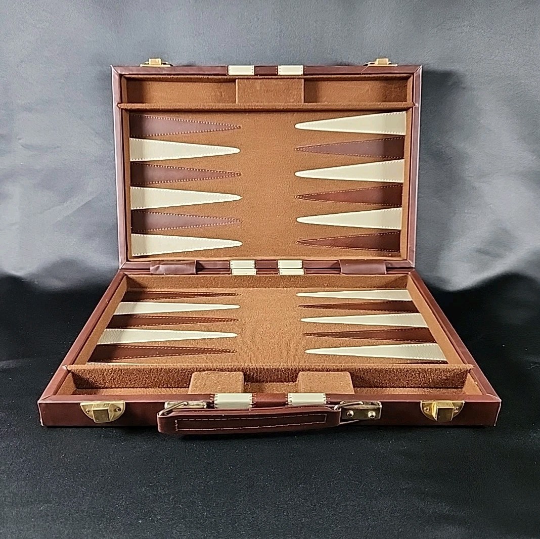 Vintage Backgammon Set Travel Case Leatherette Complete w Dice Cups 1950s 60s