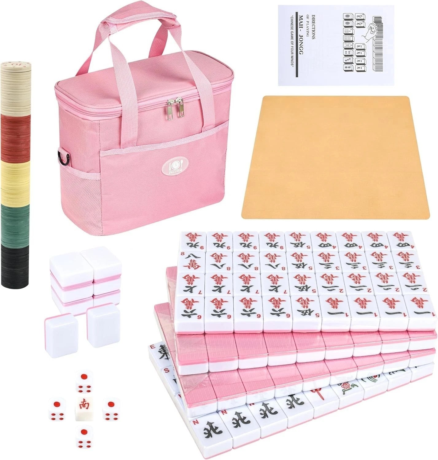 Chinese Mahjong Game Set, 144 Numbered Melamine 1.42″ Size TilesPink and 8 Bl…