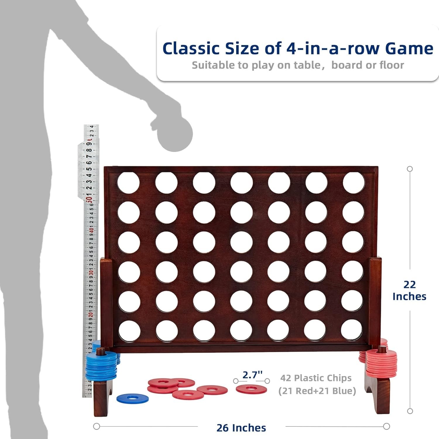 Giant Wooden 4 in A Row Game for Fun Indoor & Outdoor Play – 42 Discs Included