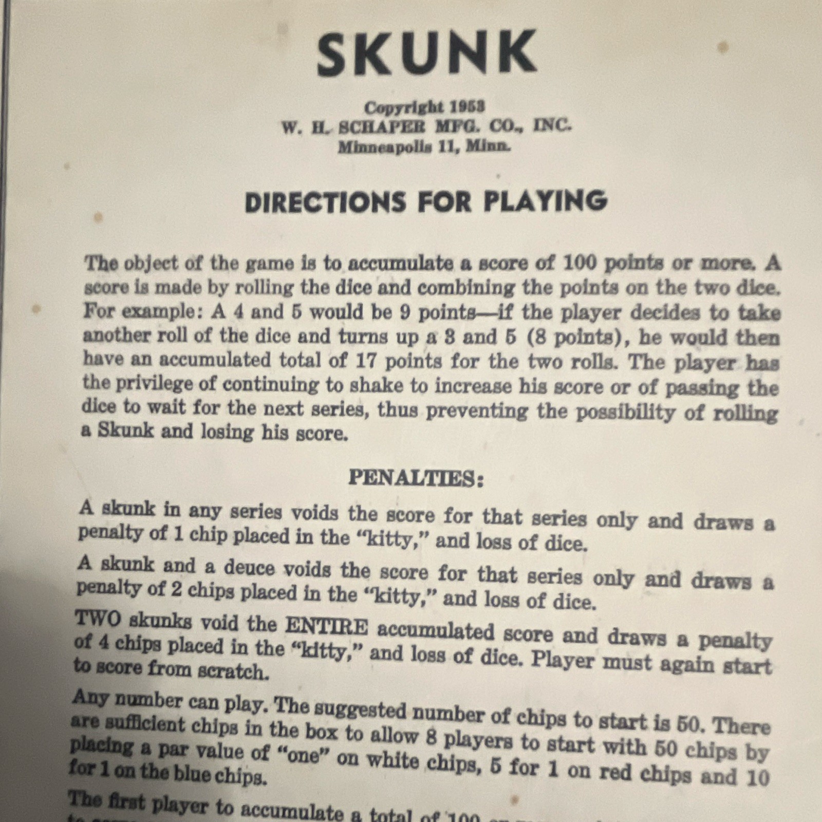 W. H. Schaper Mfg. Co., Inc. Skunk Dice Game Vintage 1953 Animals Theme