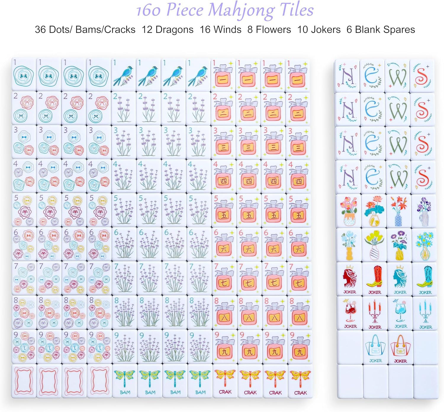 American Mahjong Tile Set, 160 Purple Engraved Melamine Mahjong Tiles with Mahjo