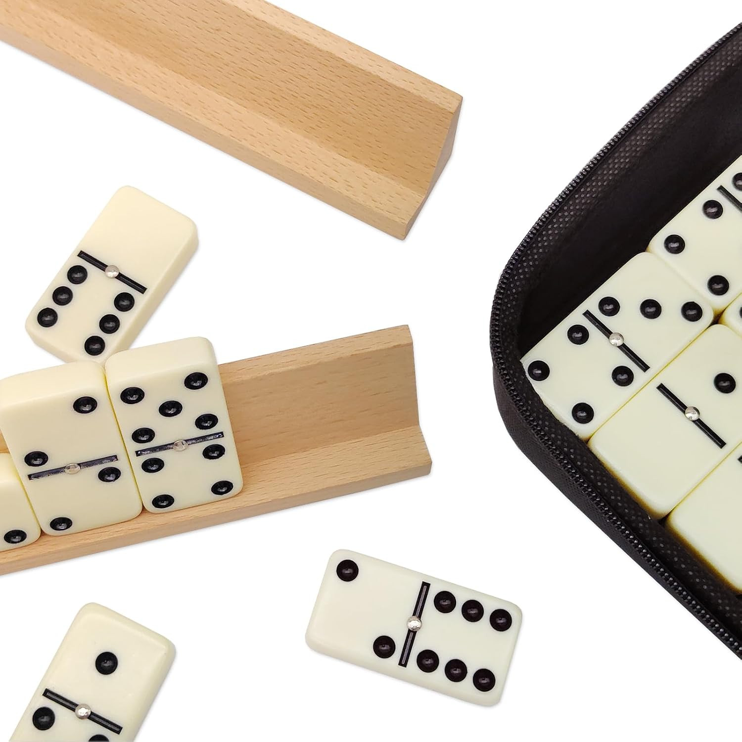 Dominos Set for Adults with 4 Wooden Racks, Double 6 Dominoes Game Set with 28 C