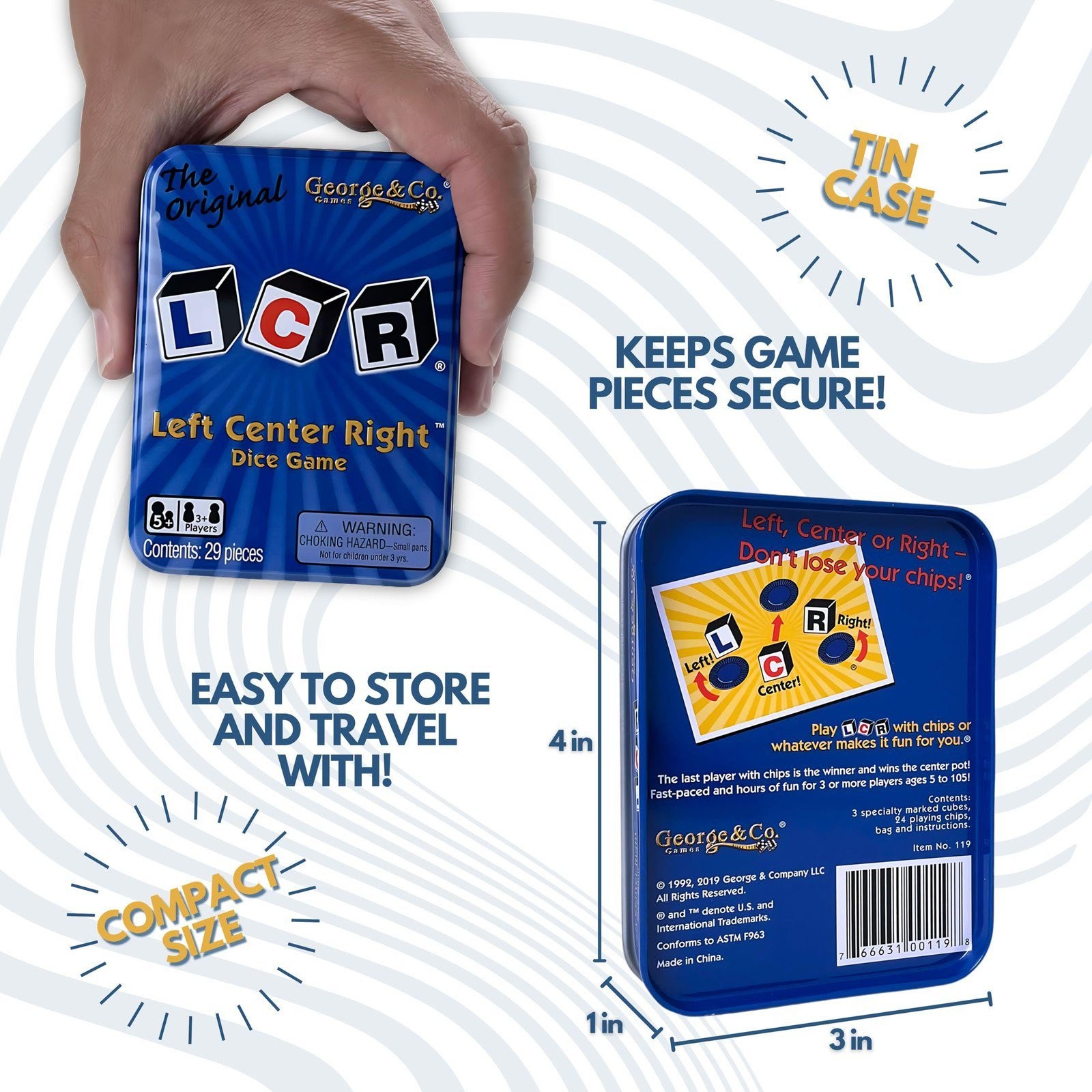 LCR® Left Center Right™ Dice Game – Blue Tin