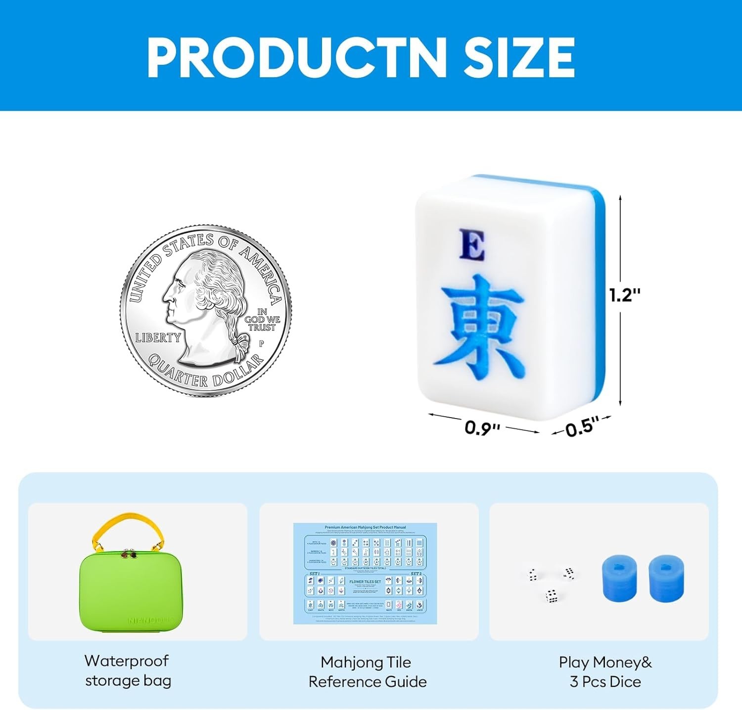 American Mahjong Tile Set, 166 Quality Engraved Tiles Blue Back w Bag,Dice,Chips