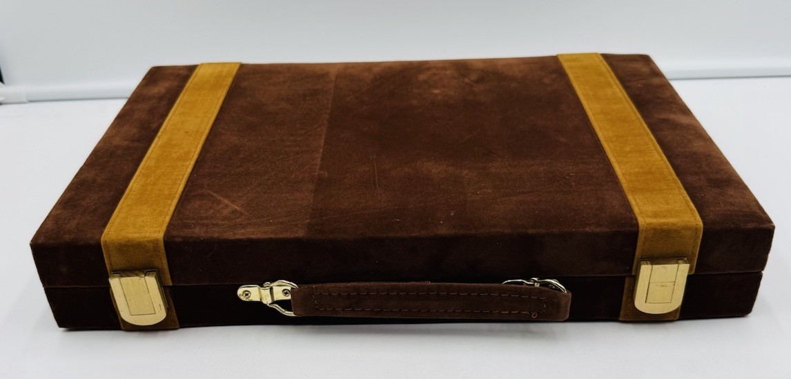 Vintage New Backgammon Game Set Brown Tan Corduroy Felt Briefcase NOS