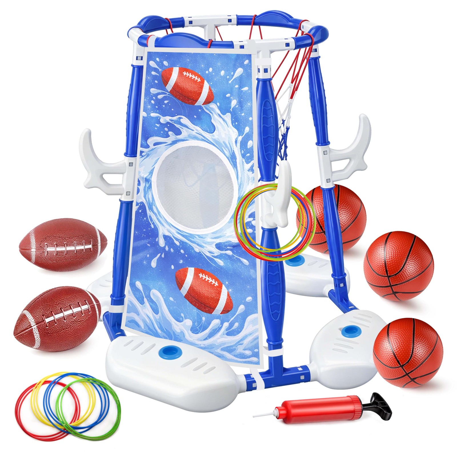 Pool Basketball Hoop 3-in-1 Floating Football Ring Games 5 Balls LPFG 4-8 8-12