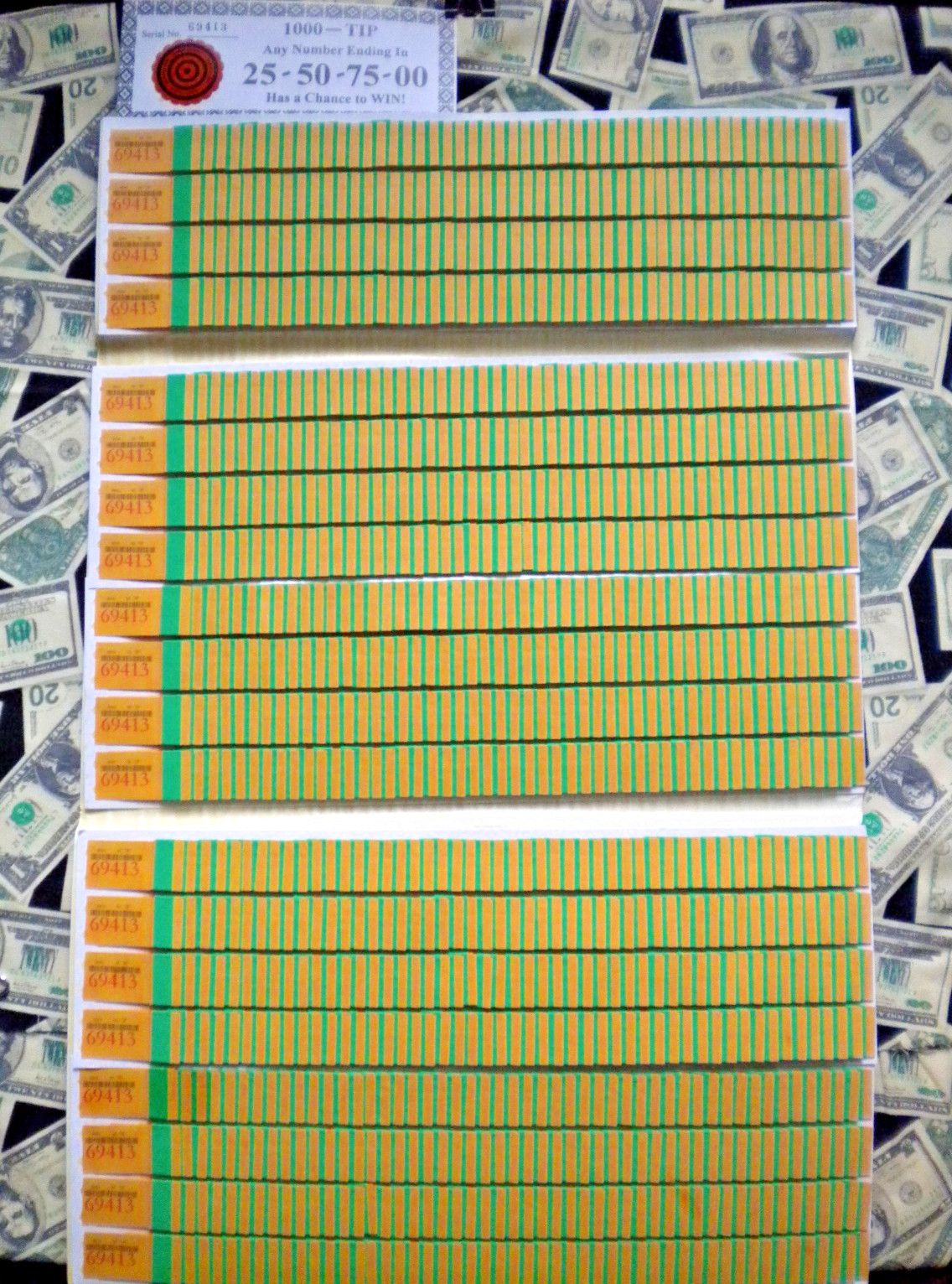 ( 1 ) 1000 REGULAR TIP “PICK 3” (000-999) or Num# Ending In 25-50-75-00 Pull Tab