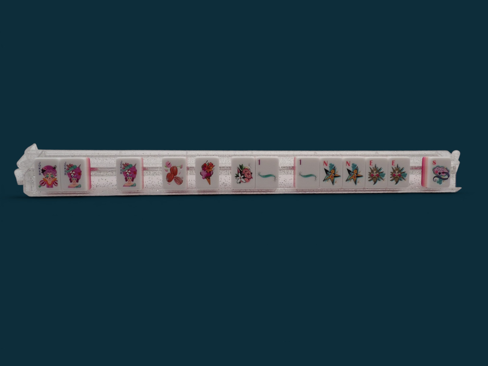 Clear Glitter Acrylic Mahjong Rack Set of 4 with Pushers 18.5″ NMJL Sparkle Rack