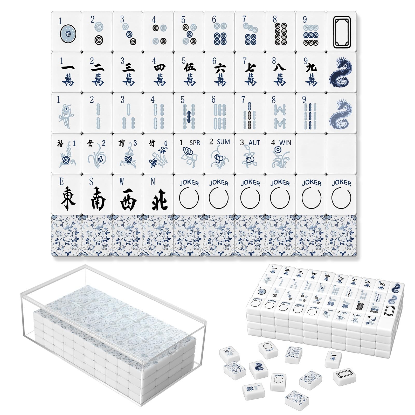 Soulchen 160 Chinoiserie Blue Porcelain American Mahjong Tile Set with Acryli…