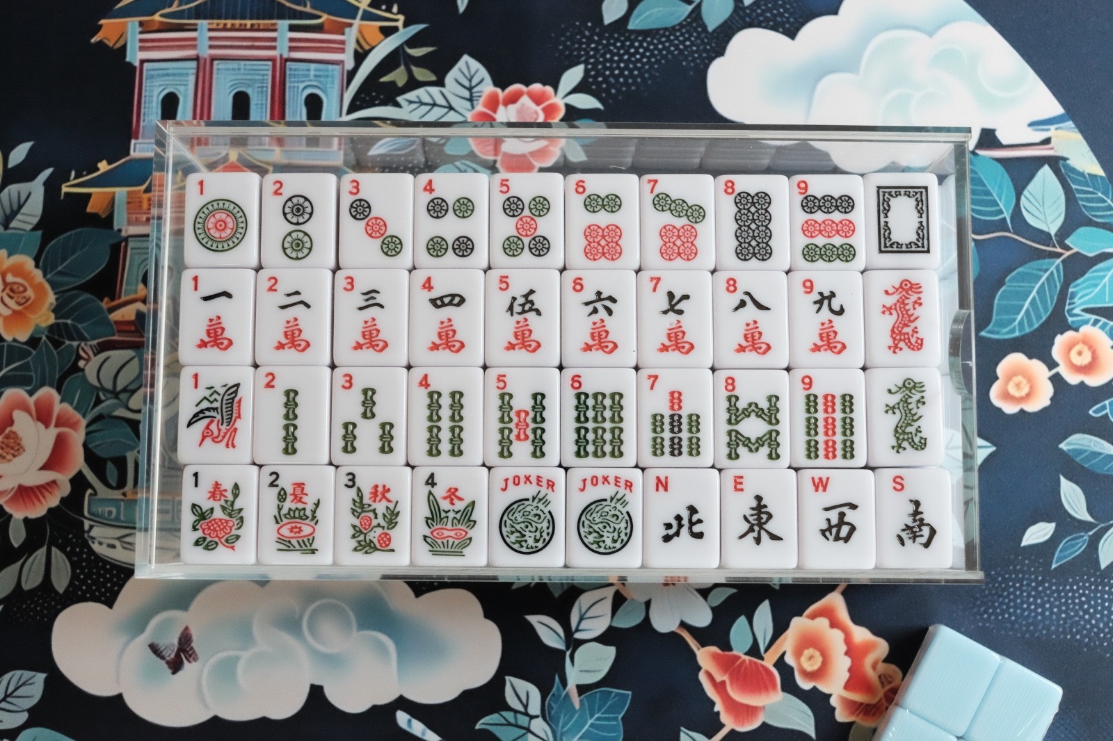 NEW! Mahjong 4 pc Starter Bundle- Tiles, Acrylic Box, Pagoda Mat & Acrylic Racks