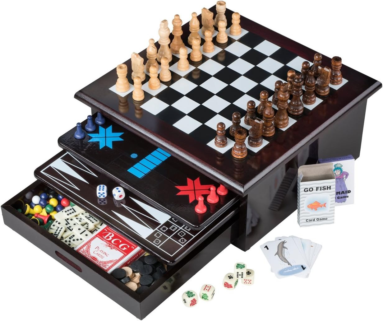 Deluxe 15-in-1 Wooden Board Game Set with Storage Drawer for Family Fun