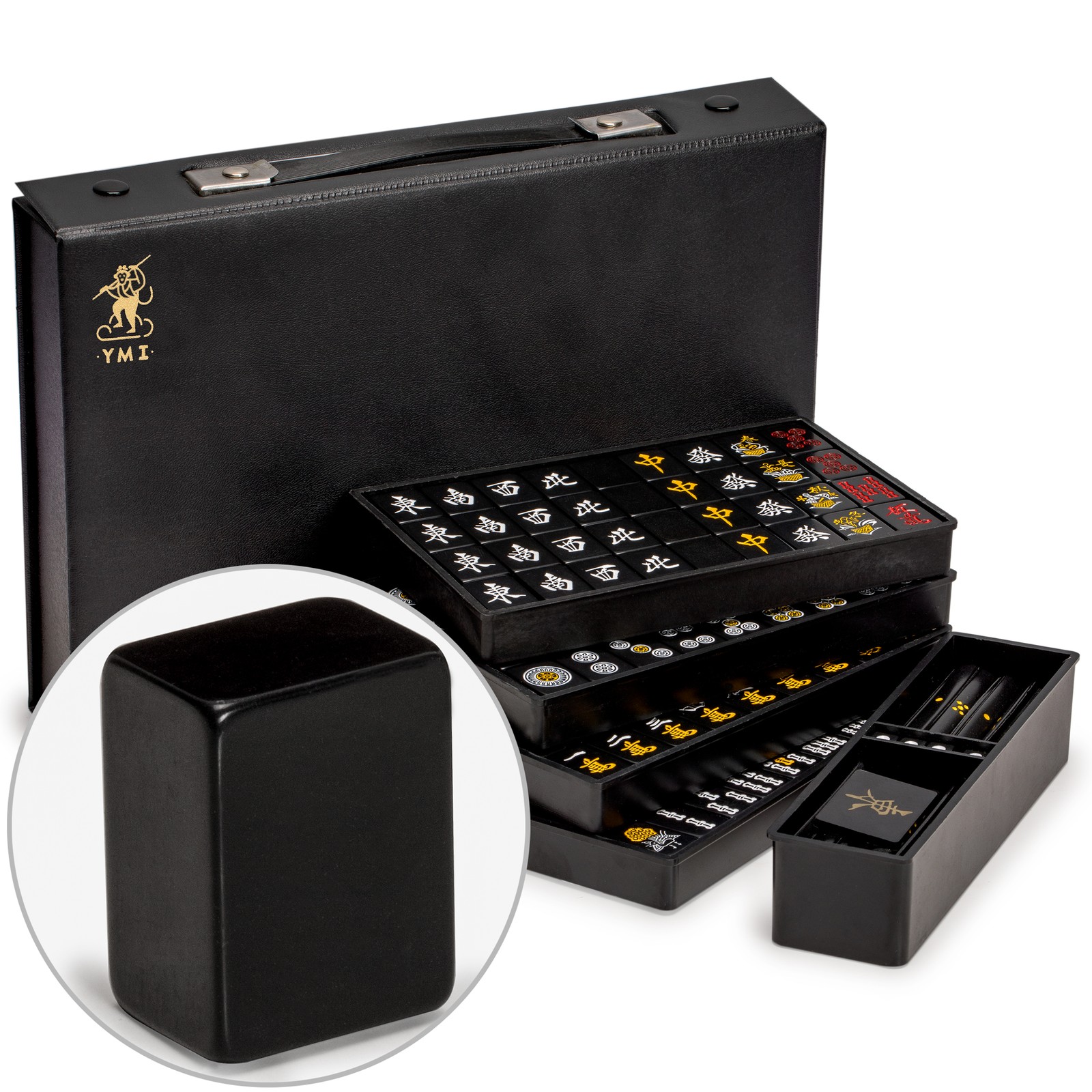 Japanese Riichi Mahjong Set with Black Standard Size Tiles and Black Vinyl Case