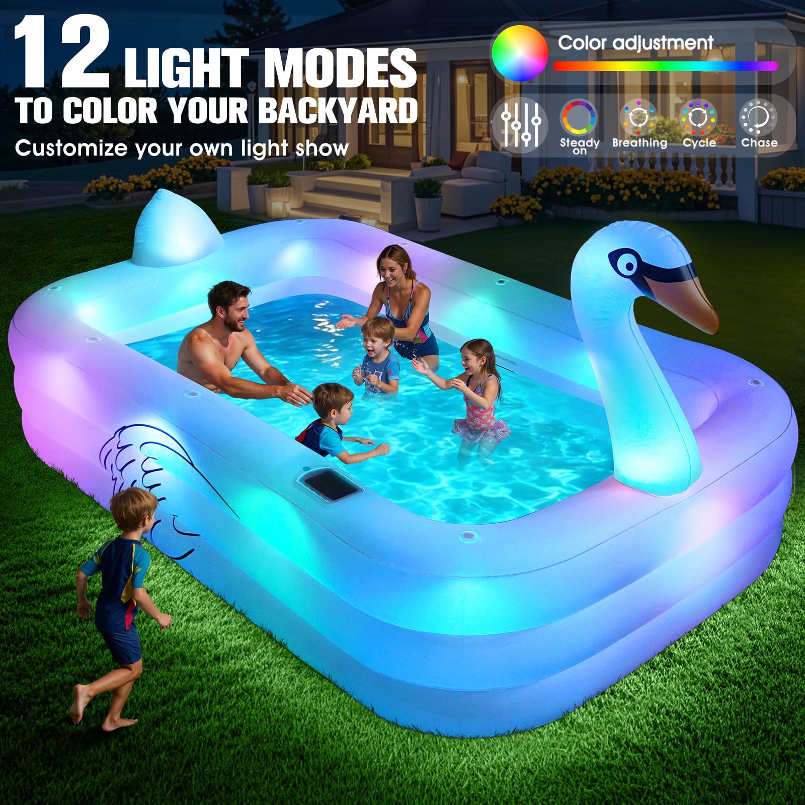Inflatable Swimming Pool 100 x63 x20 Solar Lights Adults Kids White Blow Pools