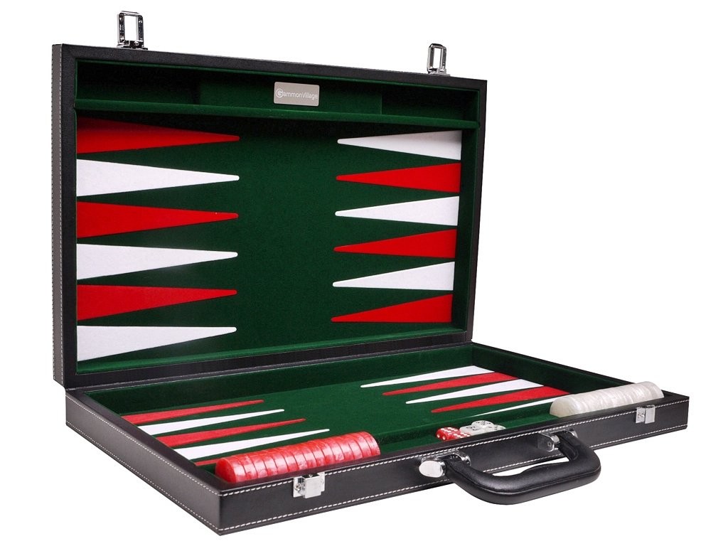 18″ Leatherette Backgammon Set – Inlaid Velvet Field – Black/Green Board