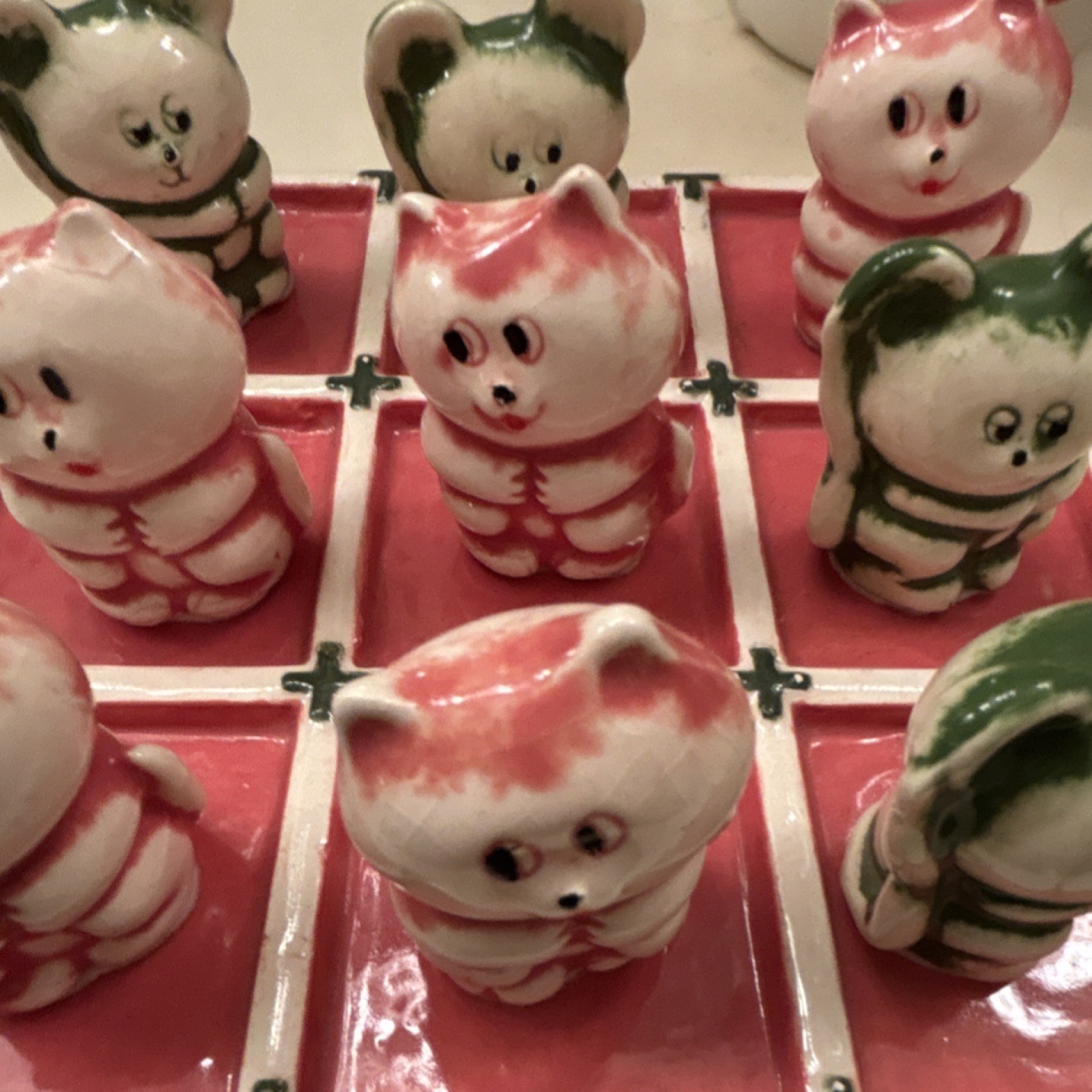 Ceramic Tic Tac Toe Board Game with Cat & Bear Figurines, Vintage Style