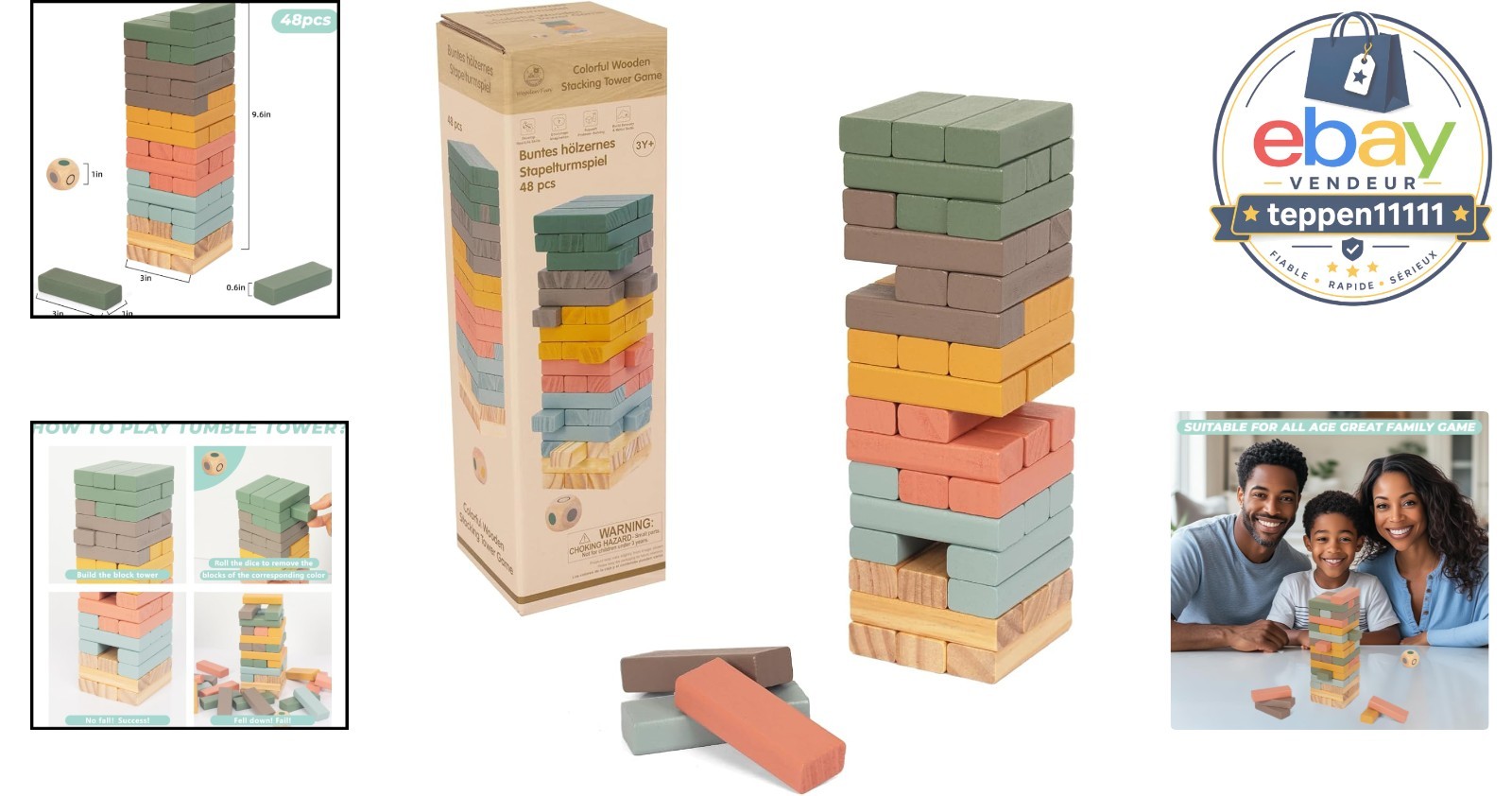 Wooden Stacking Blocks Game 48PCS Tumbling Balancing Blocks