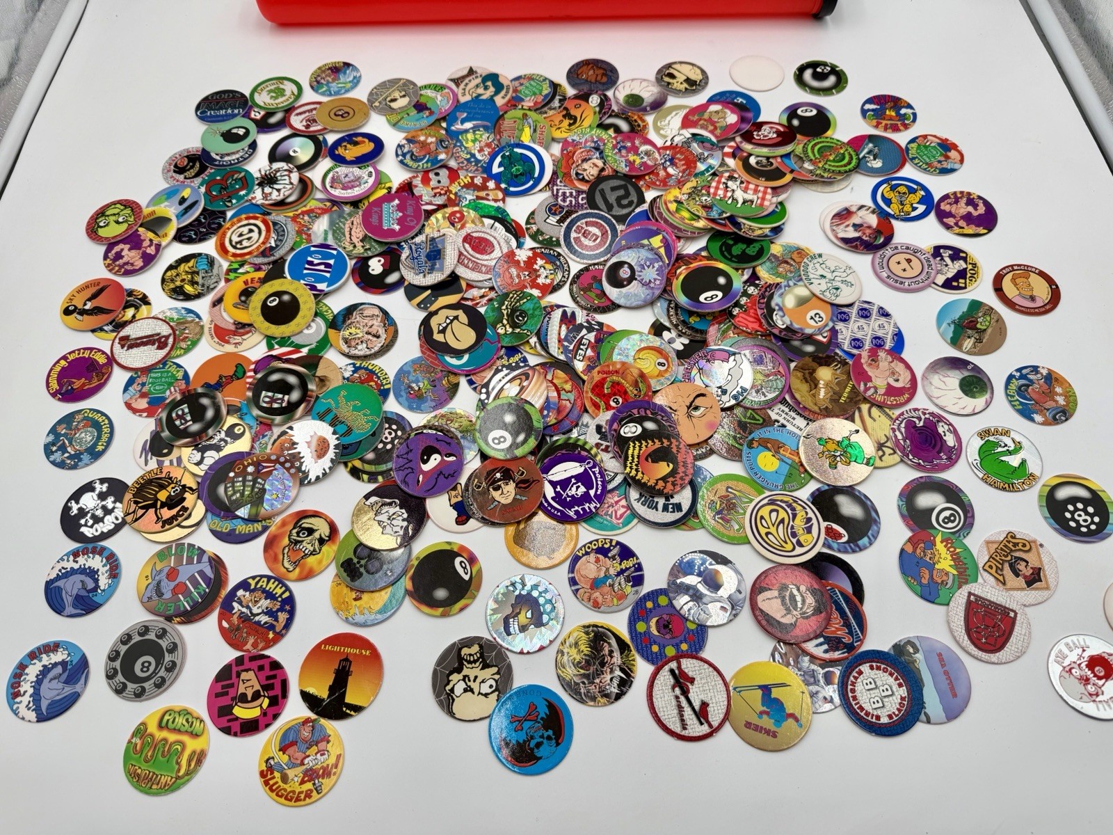 Huge Lot Of 350+ Pogs Milk Caps 1990’s Nostalgic Collectible W Storage Tube