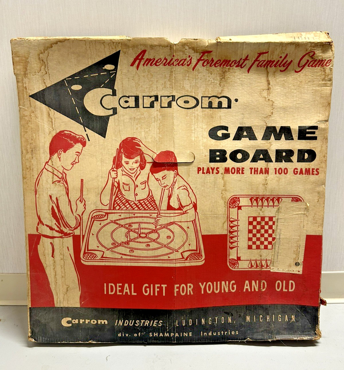 Vintage 1960s Carrom Double Sided Board PLUS Game Pieces and Box! Game no. 106